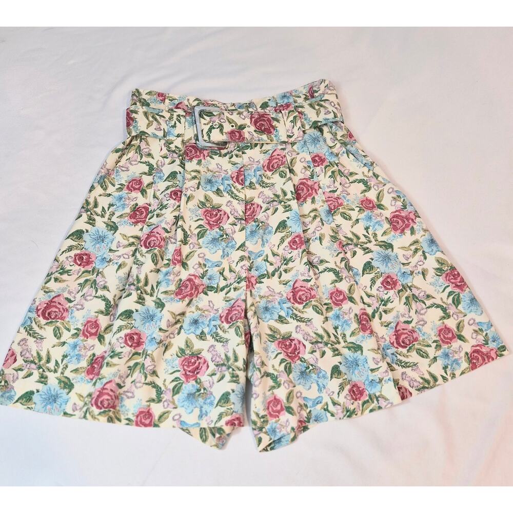 Vintage Via Max Floral Belted Pleated Shorts High Waist Cottagcore Pink Blue